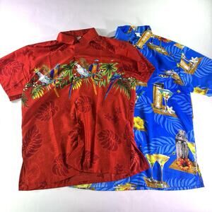 Lot of 2 Rina Men's Sz S Hawaiian Shirt Blue/Red Bahamas Tropical Palm Trees